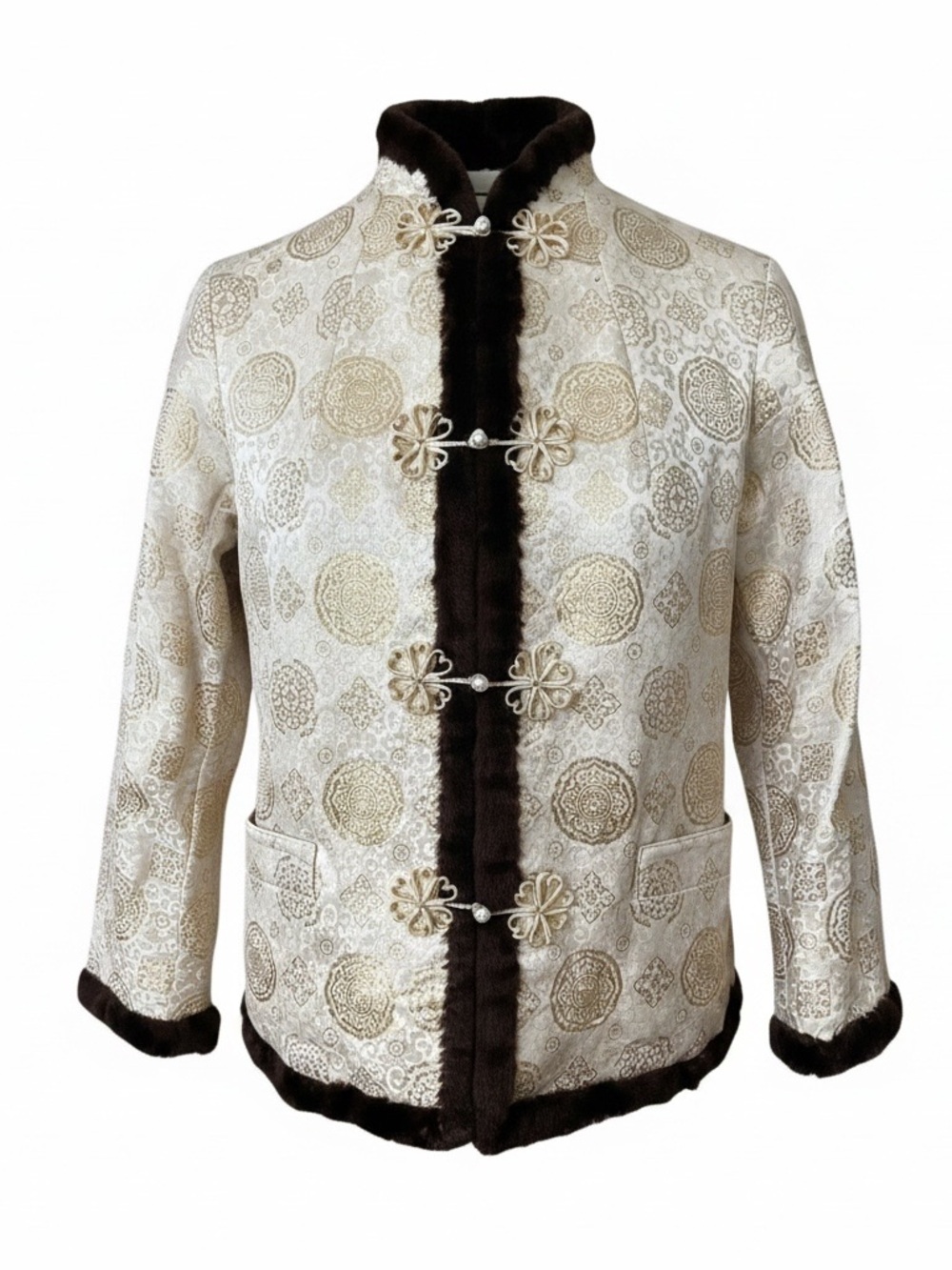 Gorgeous Asian Brocade Jacket Faux Fur Trim Mandarin Collar Size Small